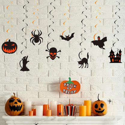 Halloween Hanging Swirl Decorations, Pumpkin Spider Bat Skull Ghost Black Cat Cutout Ceiling Streamer Party Decor