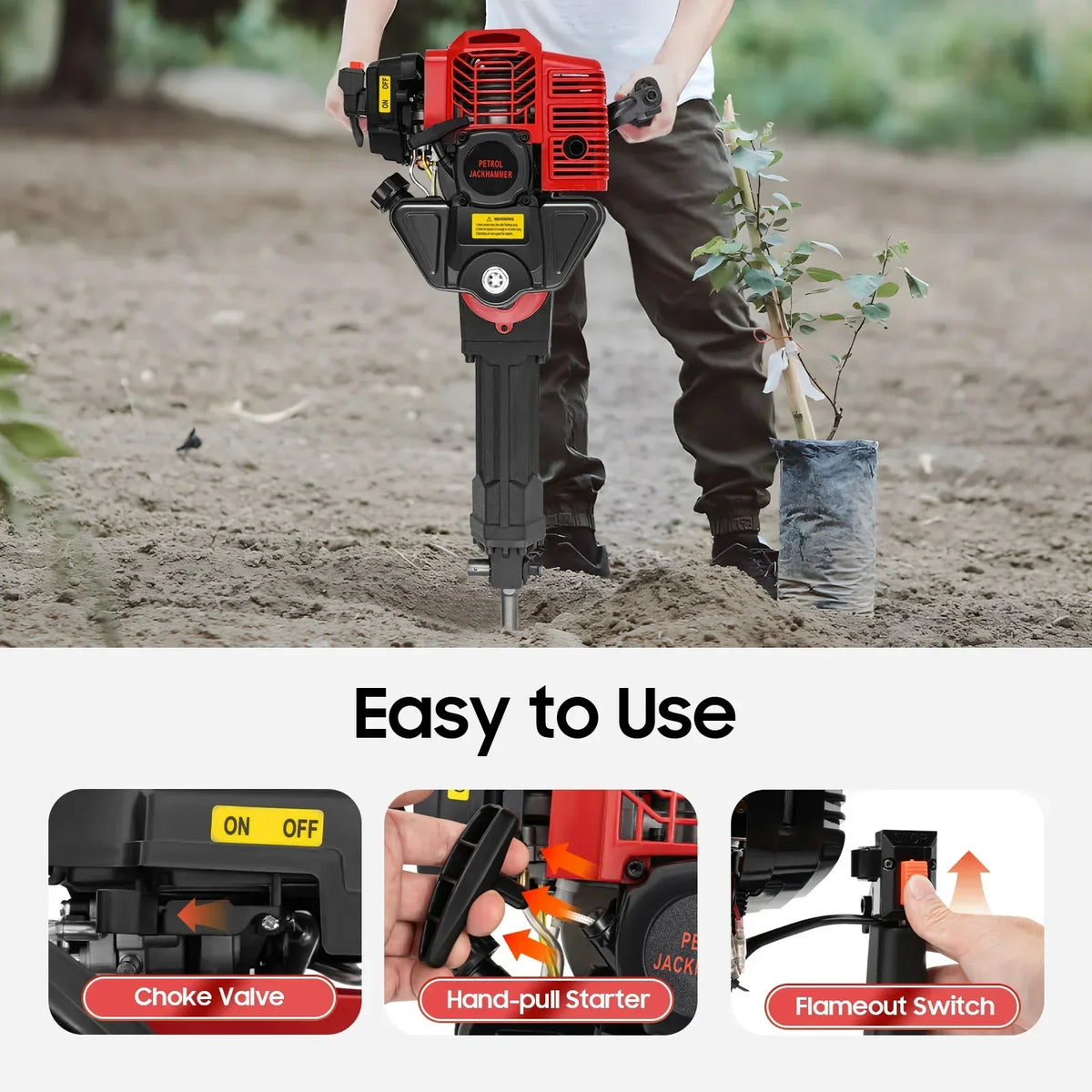 2-Stroke Petrol Demolition Hammer 52CC 1900W Concrete Breaker 1500BPM Jack Hammer for Rock and Concrete,Hand Pull Start