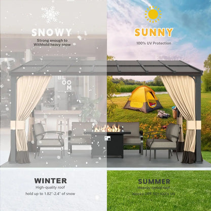 10' x 14' Lean to Gazebo,Large Wall Mount Heavy Duty Gazebos Pavilion,Outdoor Hardtop Pergola Shelter with Curtains, Customized