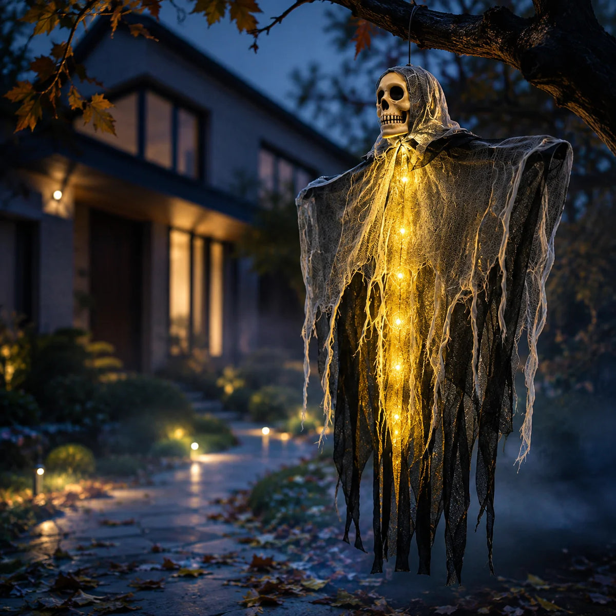 Halloween Home Outdoor Garden Decor Hanging Ghost Ornament Built-in Lighting Skull Skeleton Gauze Accessory Party Scene Setting