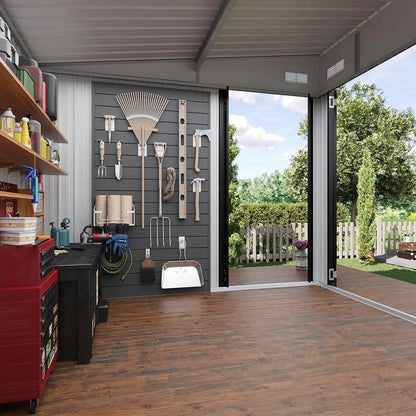 8x10 Metal Outdoor Storage Shed Triple Doors Dual Lock Sloped Roof Galvanized Steel for Mower Bike Garden Tools, Custom