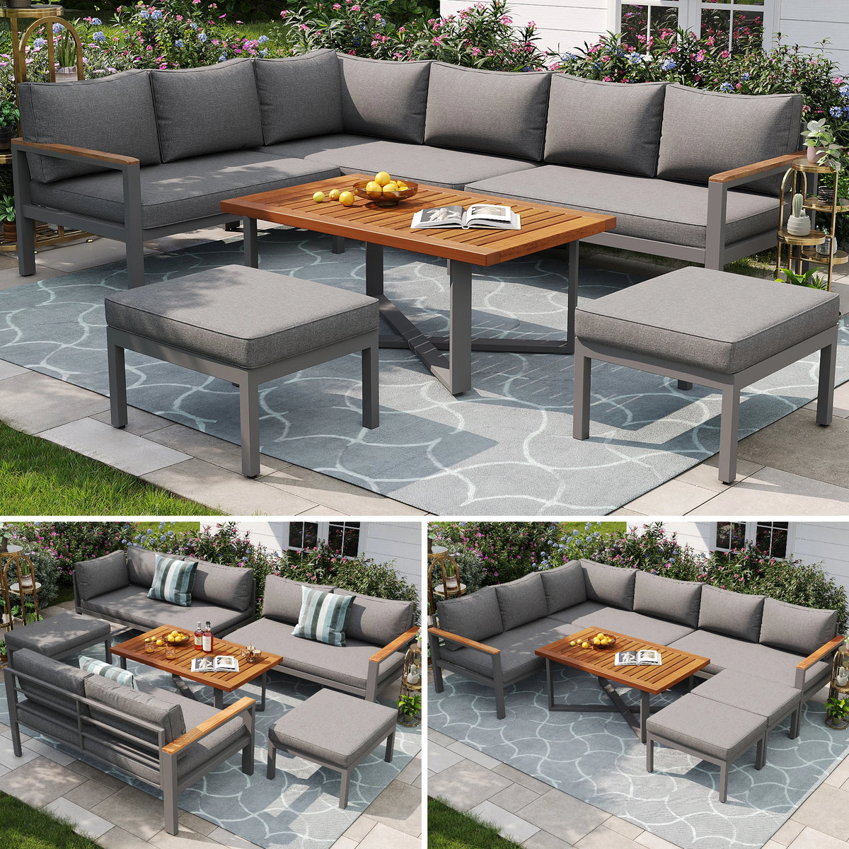 PINGGO Outdoor Garden Furniture Set With 2 Sofas and Table with Galvanised Iron Frame, Adjustable Backrests, Adjustable Table