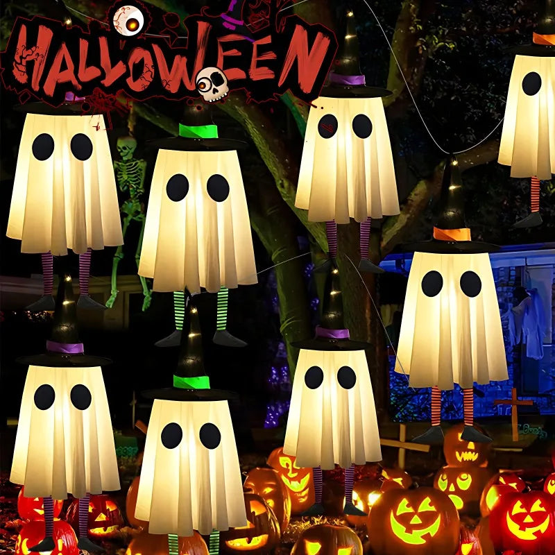Halloween Hanging Ghost Decorations, Outdoor Halloween Witches Hat Lights, Glowing Ghosts for Garden Trees, Yard Halloween Decor