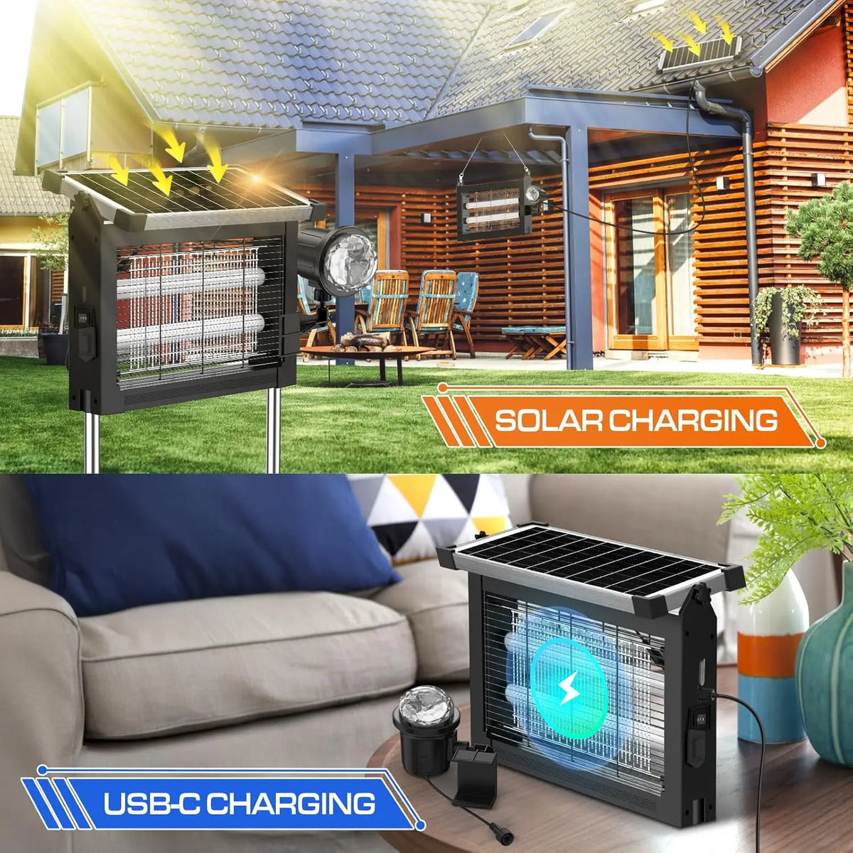 Solar Bug Zapper 4500V, 2-in-1 Rechargeable with Projection Light, IP66 Waterproof, Type-C Charging, for Patio, Yard & Camping