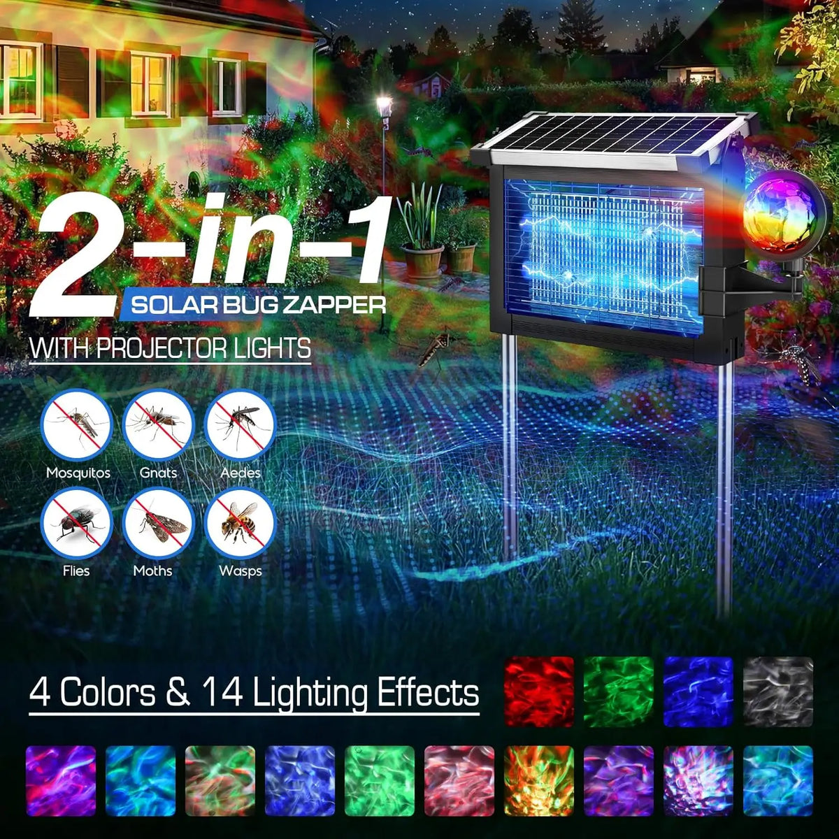 Solar Bug Zapper 4500V, 2-in-1 Rechargeable with Projection Light, IP66 Waterproof, Type-C Charging, for Patio, Yard & Camping