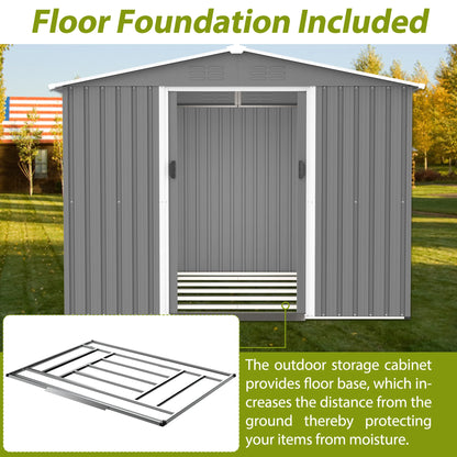 8x6 FT Outdoor Tool Shed, Metal Foundation, Lockable Sliding Doors, All-Weather, Gray, for Garden, Patio, Backyard