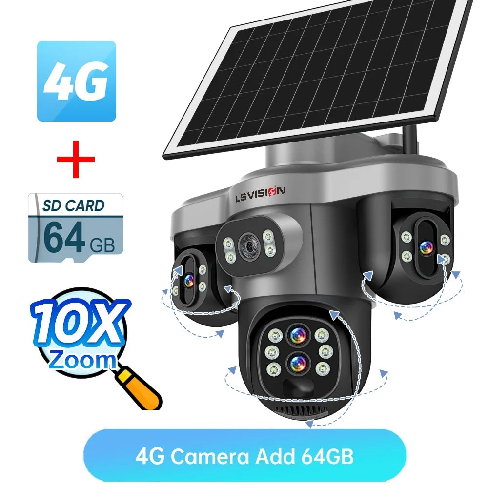 LS VISION 10X Optical Zoom 20MP 4G /Wifi Solar Camera Outdoor 3 Screens 3 PTZ 360° Auto Tracking IP Surveillance Camera V380 Pro