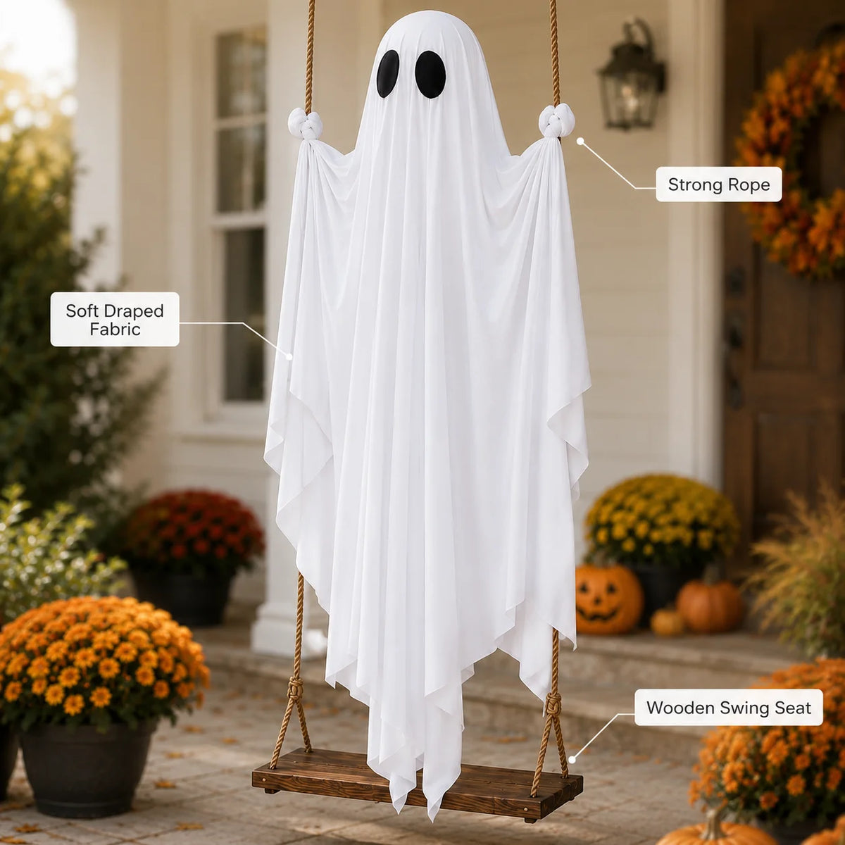 Halloween Swing Ghost Decoration Large Hanging White Ghost Outdoor Porch Yard Garden Party Decor