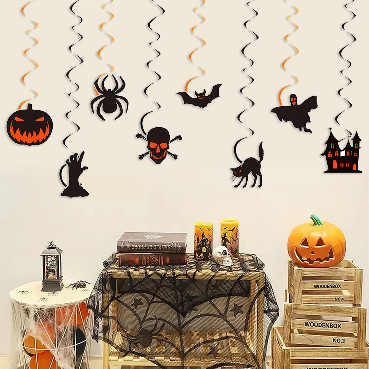 Halloween Hanging Swirl Decorations, Pumpkin Spider Bat Skull Ghost Black Cat Cutout Ceiling Streamer Party Decor