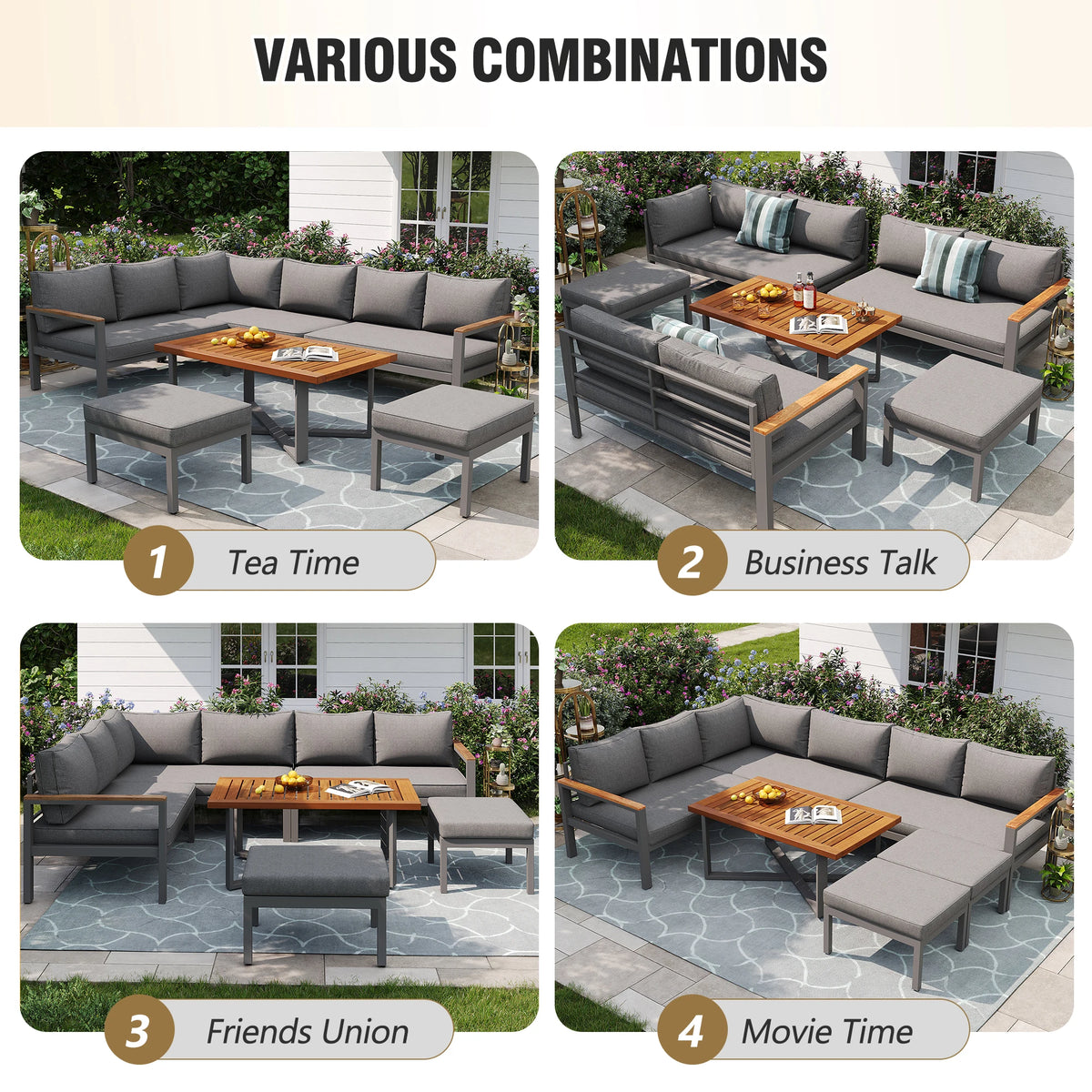 PINGGO Outdoor Garden Furniture Set With 2 Sofas and Table with Galvanised Iron Frame, Adjustable Backrests, Adjustable Table
