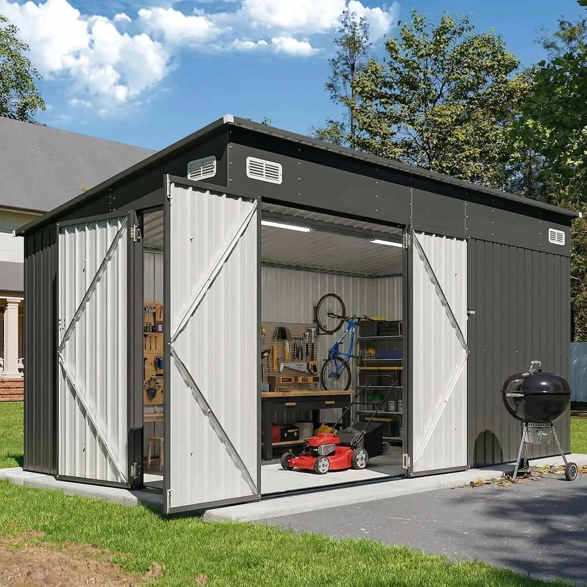 8x10 Metal Outdoor Storage Shed Triple Doors Dual Lock Sloped Roof Galvanized Steel for Mower Bike Garden Tools, Custom