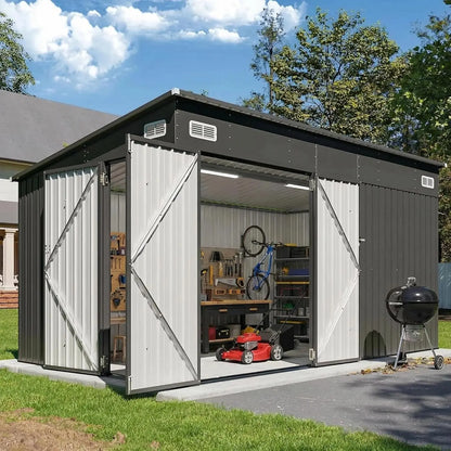 8x10 Metal Outdoor Storage Shed Triple Doors Dual Lock Sloped Roof Galvanized Steel for Mower Bike Garden Tools, Custom