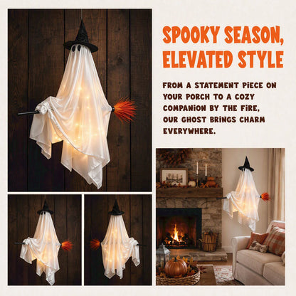 Indoor Halloween Decoration Hanging Ghost Flying Broomstick Ornament Witch Hat LED Light Outdoor Yard Decor
