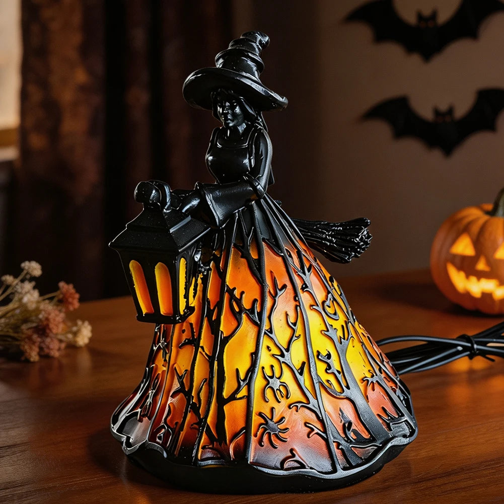 Halloween Spookys Witch Lantern Decor 3D Gothic Resin Brooms Figurine Porch Decorative Table Lamp Party Atmosphere Decor