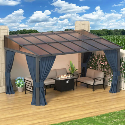 10' x 14' Lean to Gazebo,Large Wall Mount Heavy Duty Gazebos Pavilion,Outdoor Hardtop Pergola Shelter with Curtains, Customized