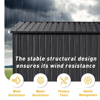 8x10 Metal Outdoor Storage Shed Triple Doors Dual Lock Sloped Roof Galvanized Steel for Mower Bike Garden Tools, Custom