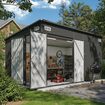 8x10 Metal Outdoor Storage Shed Triple Doors Dual Lock Sloped Roof Galvanized Steel for Mower Bike Garden Tools, Custom