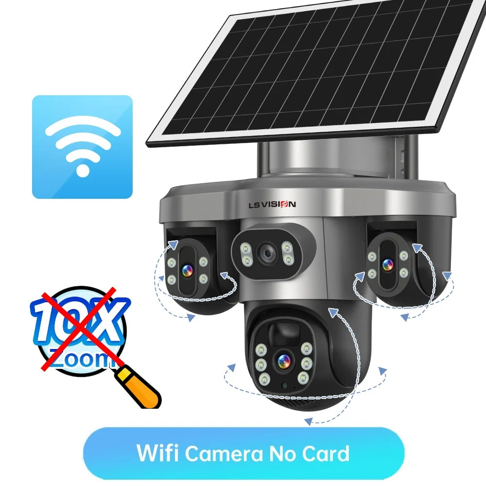 LS VISION 10X Optical Zoom 20MP 4G /Wifi Solar Camera Outdoor 3 Screens 3 PTZ 360° Auto Tracking IP Surveillance Camera V380 Pro