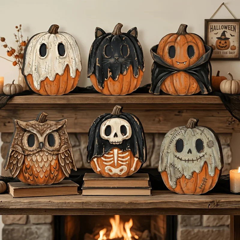 Halloween Wooden Blocks: ghosts, black cats, pumpkins, skulls, witches, owls, zombies, vampires.Shelf decor for autumn indoor ﻿