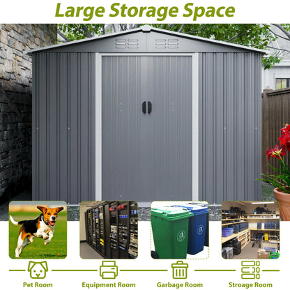8x6 FT Outdoor Tool Shed, Metal Foundation, Lockable Sliding Doors, All-Weather, Gray, for Garden, Patio, Backyard