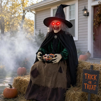 Halloween Animated Witch Decorations Sound Motion Activated Sitting Glowing Eyes Sound Animatronic Scary Decor Porch Yard Haunte
