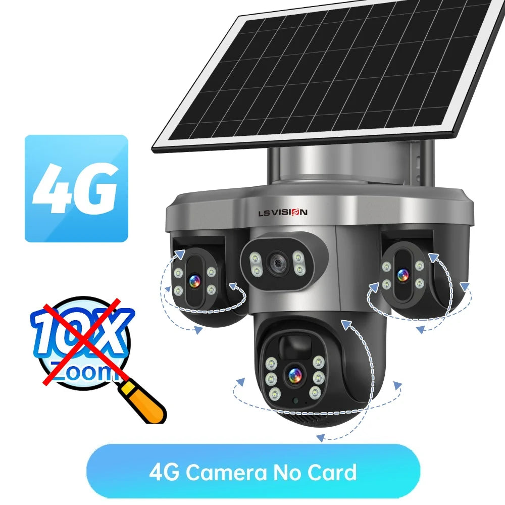 LS VISION 10X Optical Zoom 20MP 4G /Wifi Solar Camera Outdoor 3 Screens 3 PTZ 360° Auto Tracking IP Surveillance Camera V380 Pro