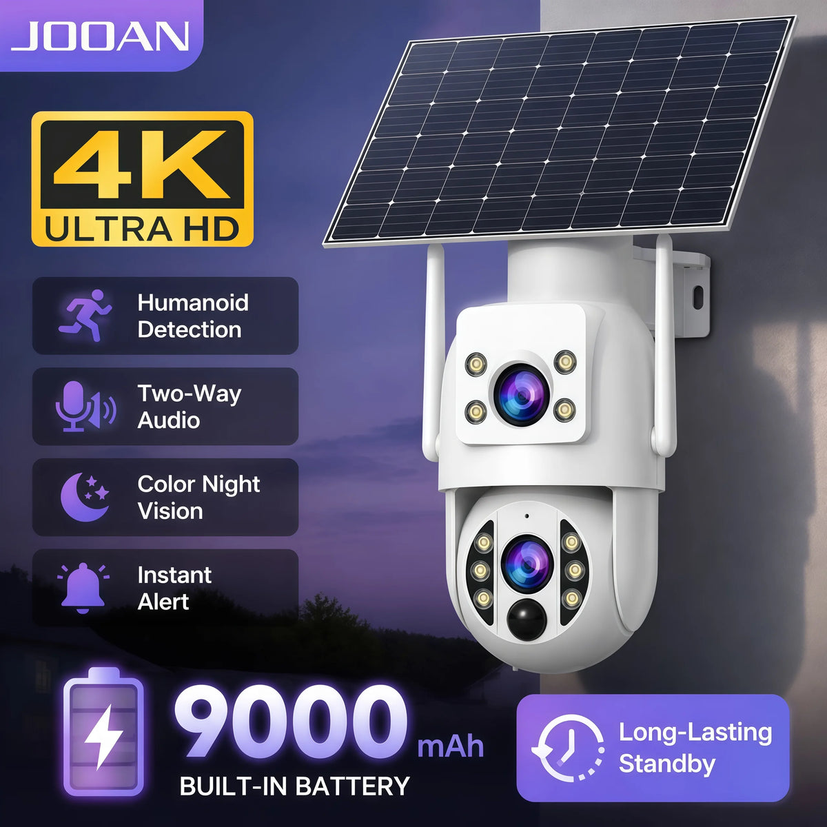 JOOAN 4K Outdoor WiFi Solar Camera Dual Lens Human Detect Night Vision Low Power Battery Camara Security Video Surveillance