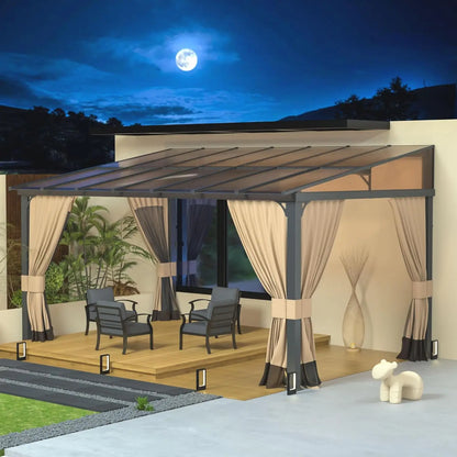 10' x 14' Lean to Gazebo,Large Wall Mount Heavy Duty Gazebos Pavilion,Outdoor Hardtop Pergola Shelter with Curtains, Customized