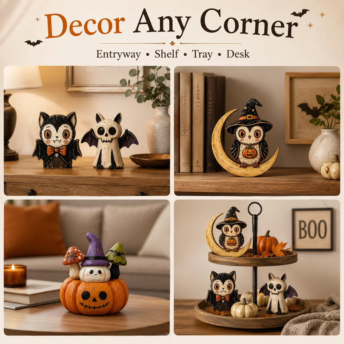 Halloween Wooden Tabletop Decor, Hand-Painted Owl Ghost Pumpkin & Vampire Cat Figurines for Shelf Mantel Party Decoration