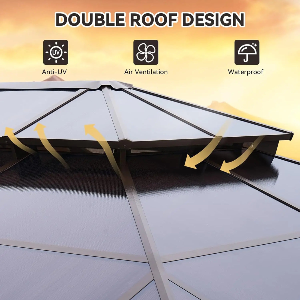 12x16 Hardtop Gazebo Outdoor Metal Double Polycarbonate Roof Netting Curtains Lawn Garden Patio Brown, Custom