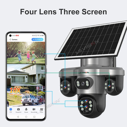 LS VISION 10X Optical Zoom 20MP 4G /Wifi Solar Camera Outdoor 3 Screens 3 PTZ 360° Auto Tracking IP Surveillance Camera V380 Pro