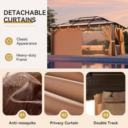 12x16 Hardtop Gazebo Outdoor Metal Double Polycarbonate Roof Netting Curtains Lawn Garden Patio Brown, Custom