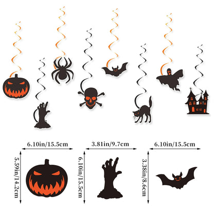 Halloween Hanging Swirl Decorations, Pumpkin Spider Bat Skull Ghost Black Cat Cutout Ceiling Streamer Party Decor