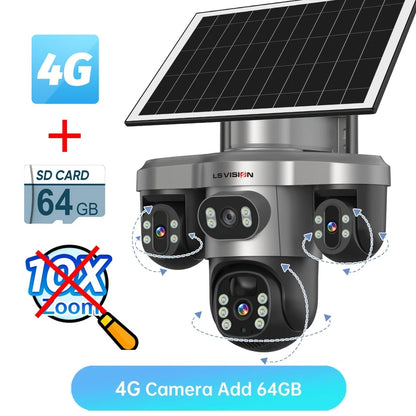 LS VISION 10X Optical Zoom 20MP 4G /Wifi Solar Camera Outdoor 3 Screens 3 PTZ 360° Auto Tracking IP Surveillance Camera V380 Pro