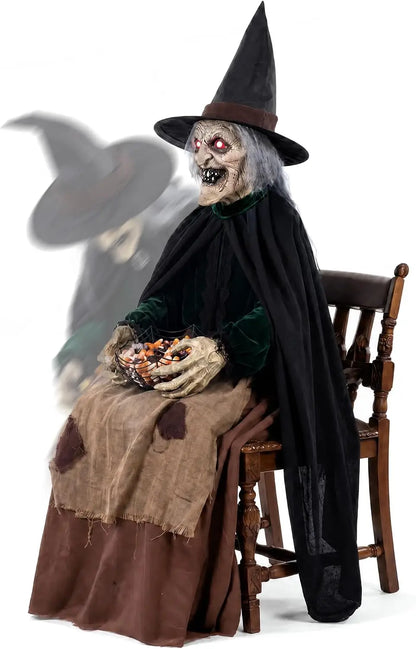 Halloween Animated Witch Decorations Sound Motion Activated Sitting Glowing Eyes Sound Animatronic Scary Decor Porch Yard Haunte