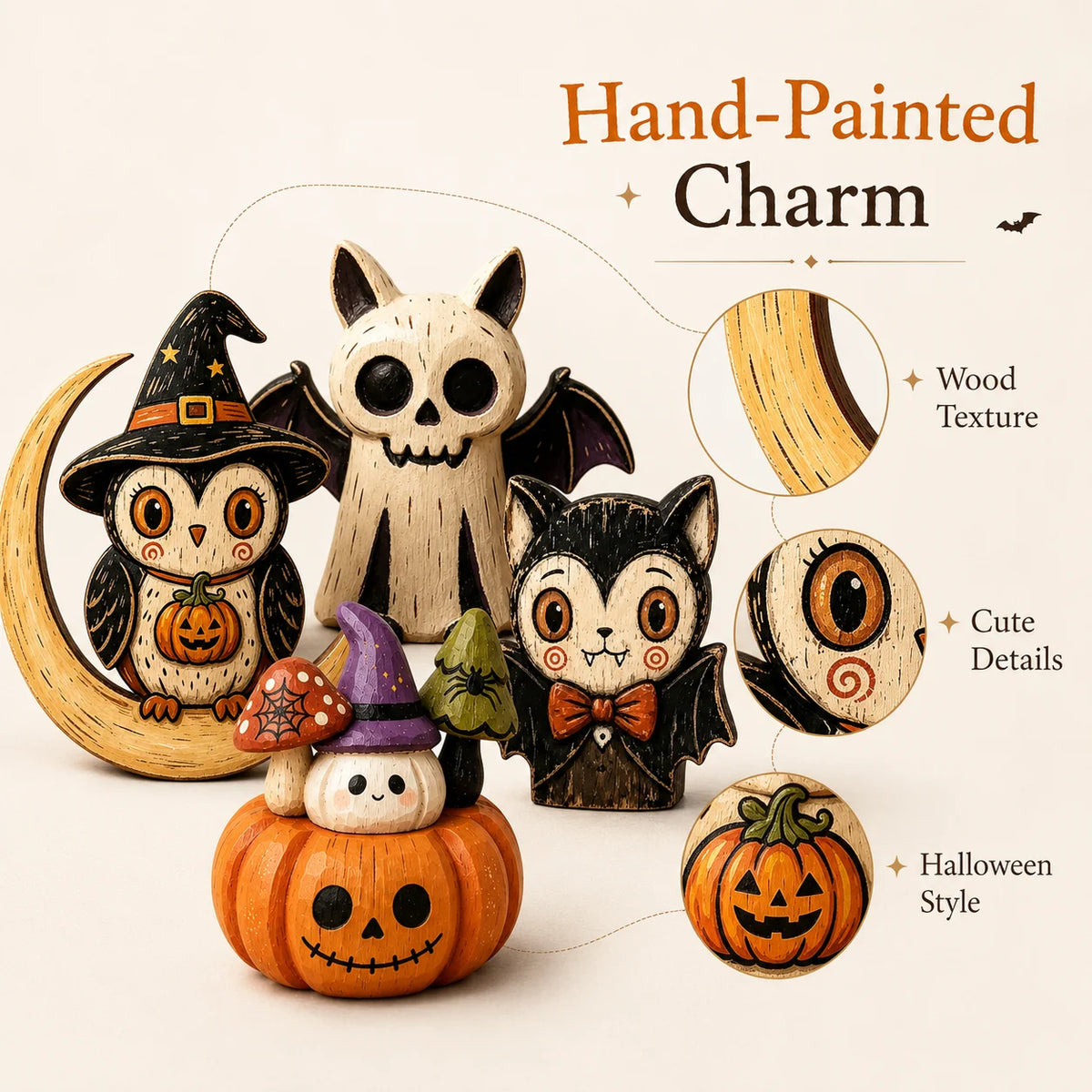 Halloween Wooden Tabletop Decor, Hand-Painted Owl Ghost Pumpkin & Vampire Cat Figurines for Shelf Mantel Party Decoration