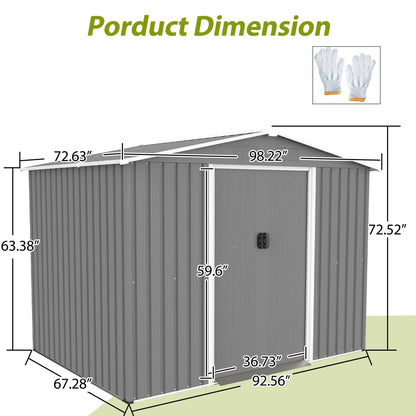 8x6 FT Outdoor Tool Shed, Metal Foundation, Lockable Sliding Doors, All-Weather, Gray, for Garden, Patio, Backyard
