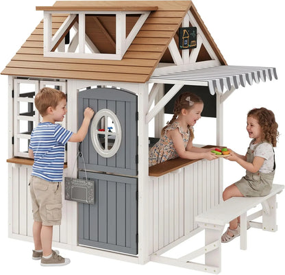 Durable Fir Wood Outdoor Kids Playhouse,Waterproof Roof With Kitchen Set & Chalkboard, Custom