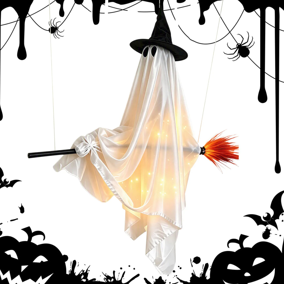 Indoor Halloween Decoration Hanging Ghost Flying Broomstick Ornament Witch Hat LED Light Outdoor Yard Decor