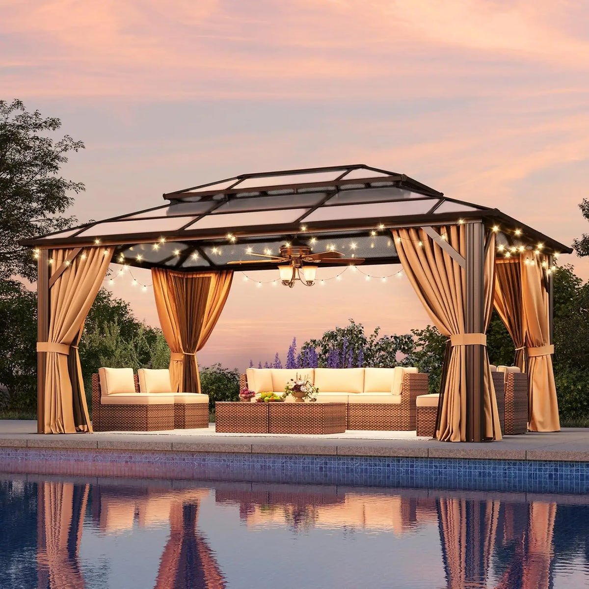 12x16 Hardtop Gazebo Outdoor Metal Double Polycarbonate Roof Netting Curtains Lawn Garden Patio Brown, Custom
