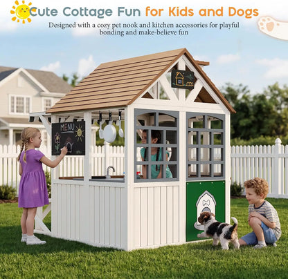 Durable Fir Wood Outdoor Kids Playhouse,Waterproof Roof With Kitchen Set & Chalkboard, Custom