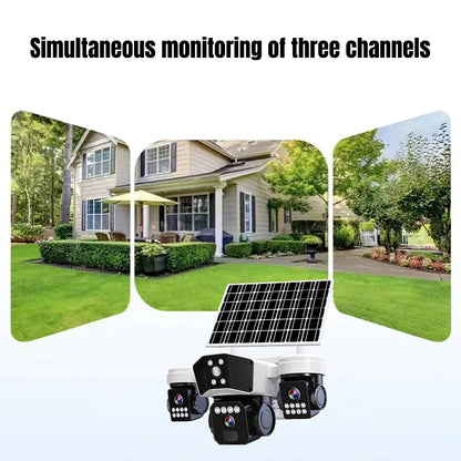 6MP Three Lens Solar Security Camera Wireless WiFi Outdoor PTZ Camera 3 Screen Full Color Night Vision Motion Detection Sound Light Alarm IP66 Waterproof Surveillance Cam