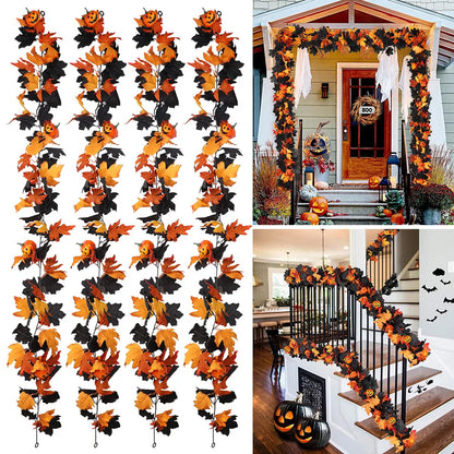Halloween Garland Decorations Black Fall Leaves Vine with 3D Pumpkin Thanksgiving Harvest Festival Home Fireplace Mantle Decor