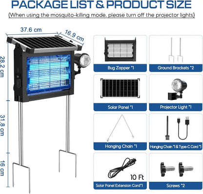 Solar Bug Zapper 4500V, 2-in-1 Rechargeable with Projection Light, IP66 Waterproof, Type-C Charging, for Patio, Yard & Camping