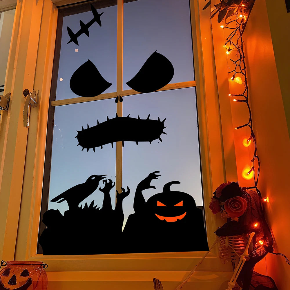 Halloween Decorations Room Door Stickers Window Decor Skeleton Hand Pumpkin DIY Window Stickers Ghost Devil Witch Hat Decor