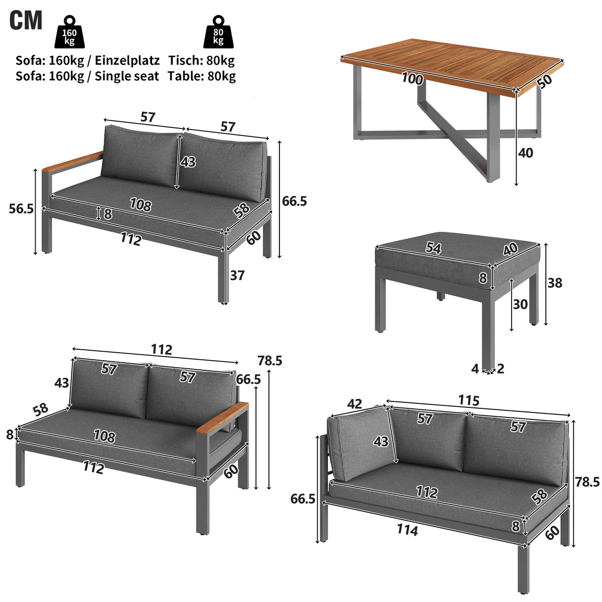 PINGGO Outdoor Garden Furniture Set With 2 Sofas and Table with Galvanised Iron Frame, Adjustable Backrests, Adjustable Table