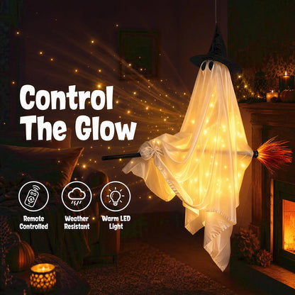 Indoor Halloween Decoration Hanging Ghost Flying Broomstick Ornament Witch Hat LED Light Outdoor Yard Decor