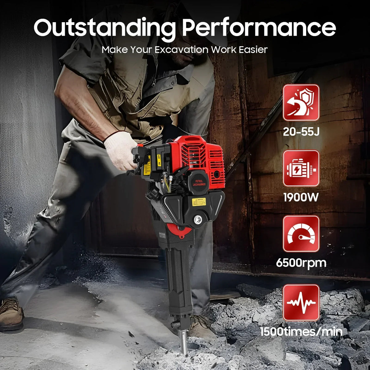 2-Stroke Petrol Demolition Hammer 52CC 1900W Concrete Breaker 1500BPM Jack Hammer for Rock and Concrete,Hand Pull Start