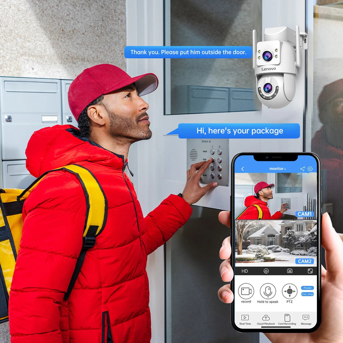 Lenovo 8MP HD Outdoor Security Camera with Dual Lens Dual Screen AI Tracking PTZ Color Night Vision Surveillance Protection