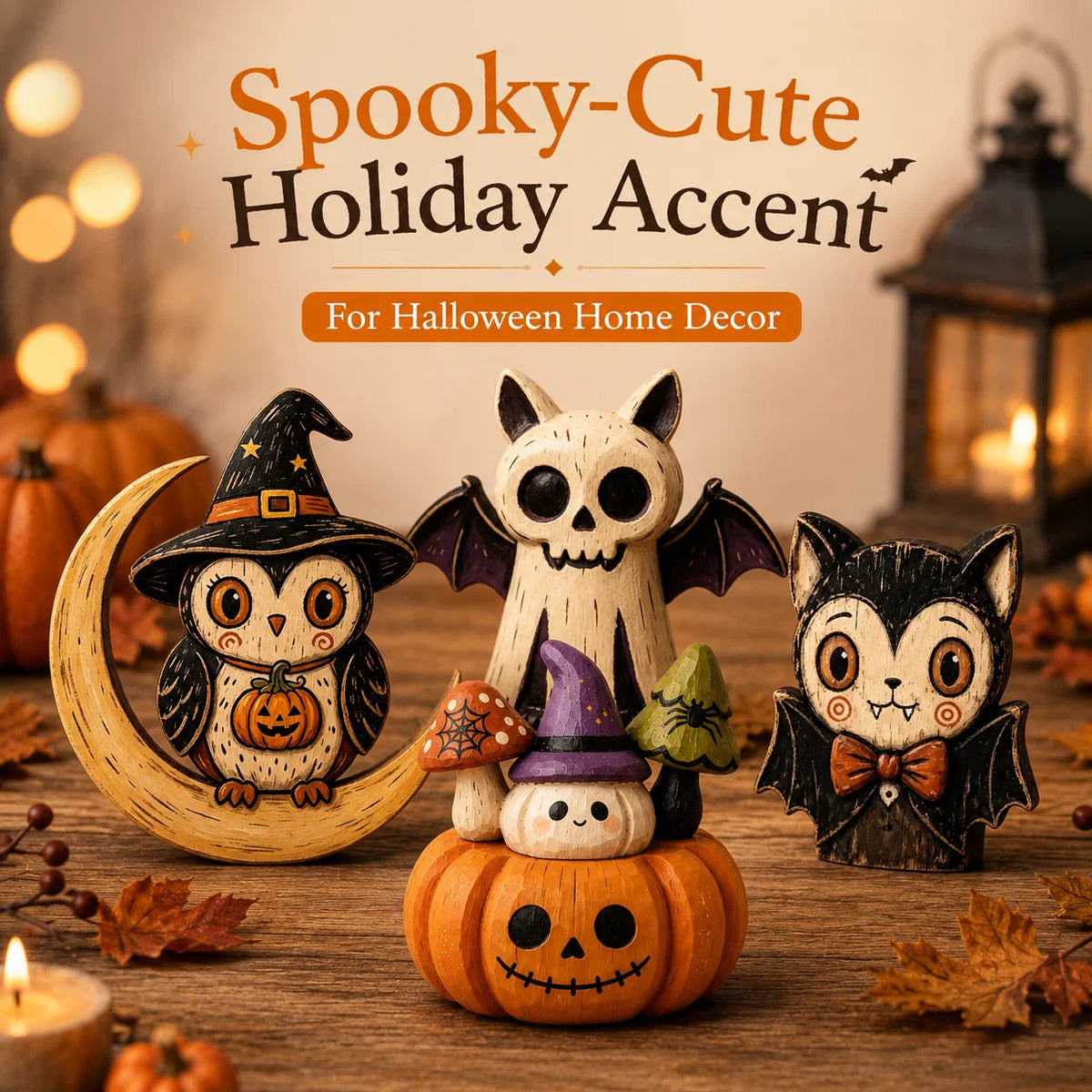 Halloween Wooden Tabletop Decor, Hand-Painted Owl Ghost Pumpkin & Vampire Cat Figurines for Shelf Mantel Party Decoration